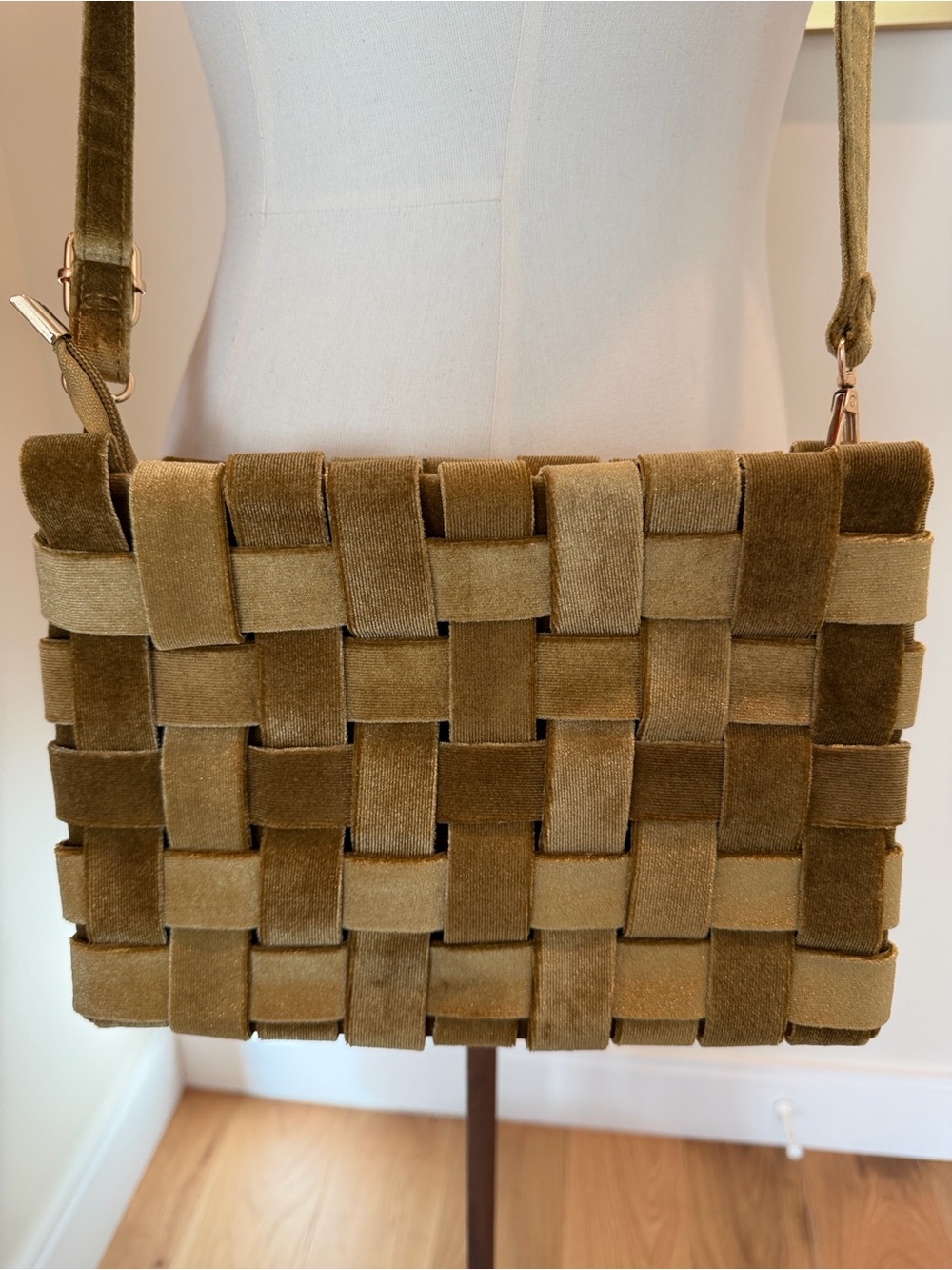 Anthropologie Lindy Woven Velvet Clutch Crossbody in Olive Green